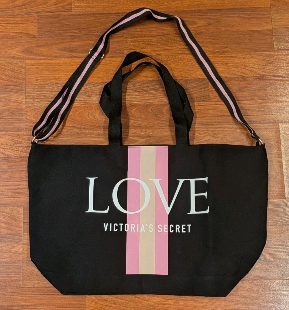 Victoria’s Secret LOVE Black Pink Stripe Large Tote Weekender Shoulder Bag